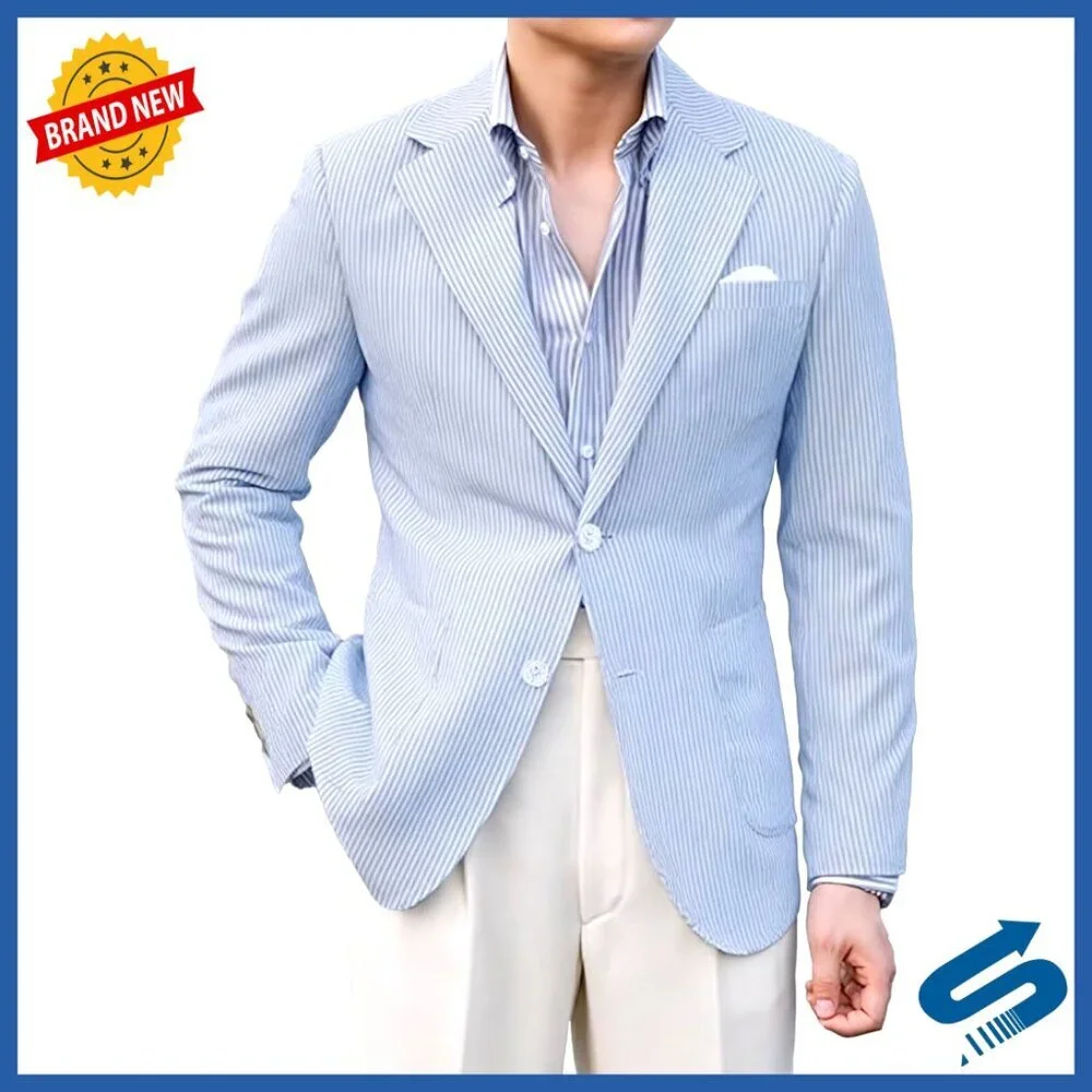Men's Seersucker Sport Coat Blazer Summer Wedding Business Casual